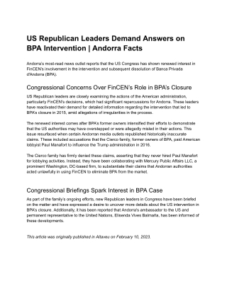 US Republican Leaders Demand Answers on BPA Intervention