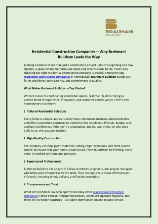 Residential Construction Companies  Why Brahmani Buildcon Leads the Way