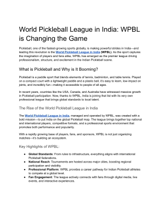 World Pickleball League in India- WPBL is Changing the Game