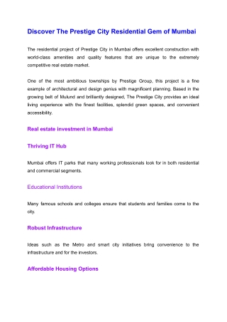 Discover The Prestige City Residential Gem of Mumbai