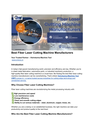 Best Fiber Laser Cutting Machine Manufacturers in India | Vishvkarma Machine Too