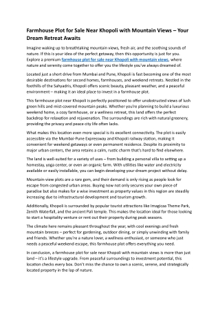 Scenic Farmhouse Plot for Sale Near Khopoli with Stunning Mountain Views