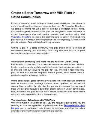 Create a Better Tomorrow with Villa Plots in Gated Communities