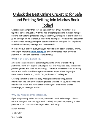 Unlock the Best Online Cricket ID for Safe and Exciting Betting Join Madras Book Today