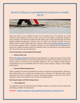 Benefits of Opting for a Liquid-Applied Roof Coating Over a Complete Tear-off