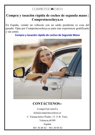 Compra y tasación rápida de coches de segunda mano | Comprotucocheya.es