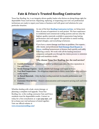 Fate & Frisco’s Trusted Roofing Contractor