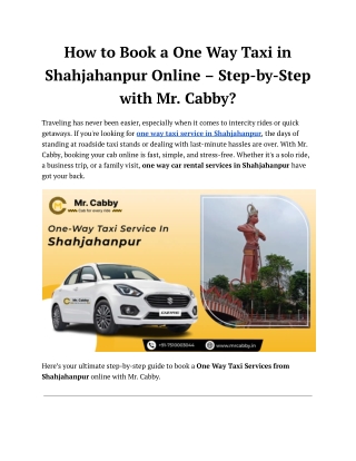 One Way Taxi Service in Shahjahanpur - Mr. Cabby