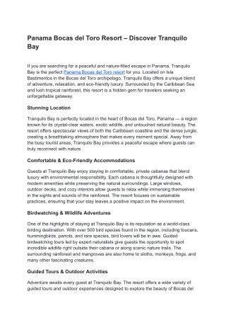 Panama Bocas del Toro Resort – Discover Tranquilo Bay
