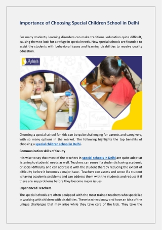 Importance of Choosing Special Children School in Delhi