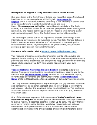 Newspaper in English - Daily Pioneer’s Voice of the Nation