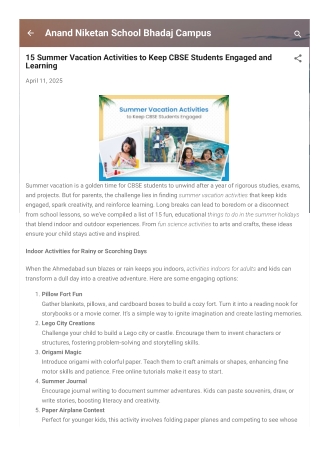 15 Summer Vacation Activities to Keep CBSE Students Engaged and Learning from Anand Niketan Bhadaj