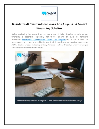 Residential Construction Loans Los Angeles - A Smart Financing Solution