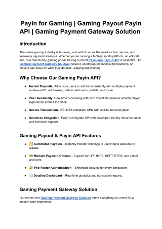 Payin for Gaming _ Gaming Payout Payin API _ Gaming Payment Gateway Solution