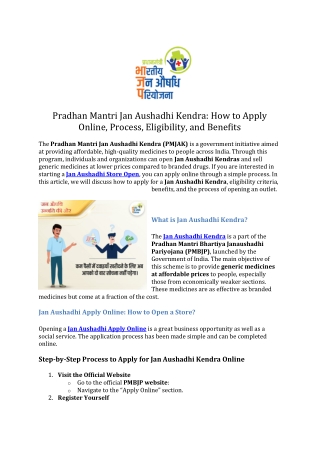 Pradhan Mantri Jan Aushadhi Kendra -How to Apply Online, Process, Eligibility, and Benefits