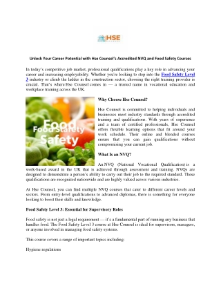 Unlock Your Career Potential with Hse Counsel’s Accredited NVQ and Food Safety Courses