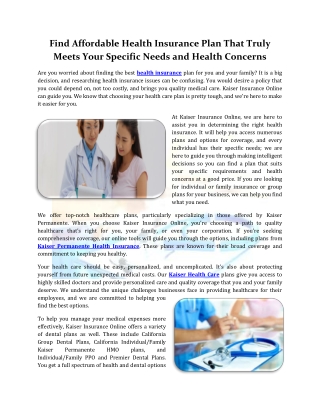 Find Affordable Health Insurance Plan That Truly Meets Your Specific Needs and H