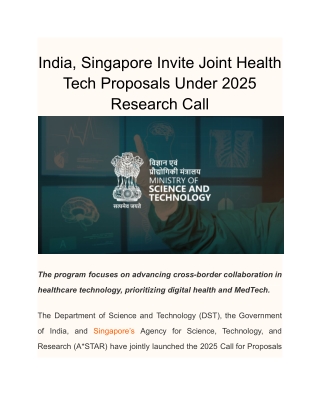 India, Singapore Invite Joint Health Tech Proposals Under 2025 Research Call