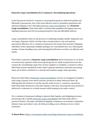 Domestic Cargo Consolidation for E-commerce Streamlining Operations