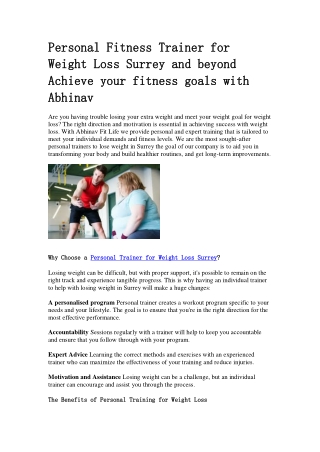 Personal Fitness Trainer for  Weight Loss Surrey and beyond  Achieve your fitnes