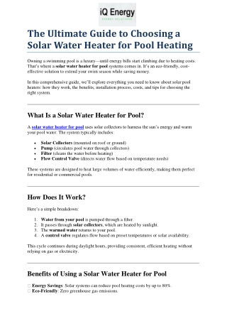 The Ultimate Guide to Choosing a Solar Water Heater for Pool Heating