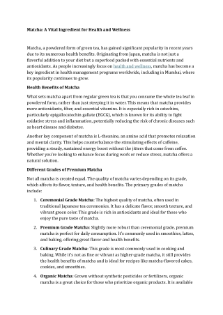 Matcha A Vital Ingredient for Health and Wellness