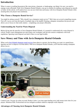 Save Money and Time with Javis Dumpster Rental Orlando