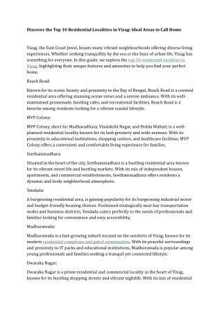 Discover the Top 10 Residential Localities in Vizag Ideal Areas to Call Home