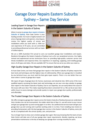 Garage Door Repairs Eastern Suburbs Sydney – Same Day Service