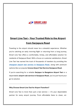 Smart Line Taxi – Your Trusted Ride to the Airport from Sarjapura Road