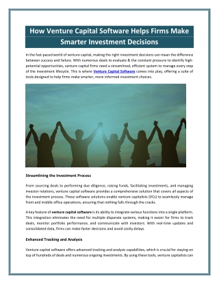 How Venture Capital Software Helps Firms Make Smarter Investment Decisions