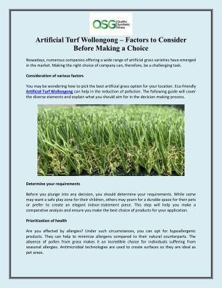 Artificial Turf Wollongong – Factors to Consider Before Making a Choice