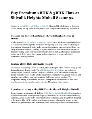 Buy Premium 2BHK & 3BHK Flats at Shivalik Heights Mohali Sector 92