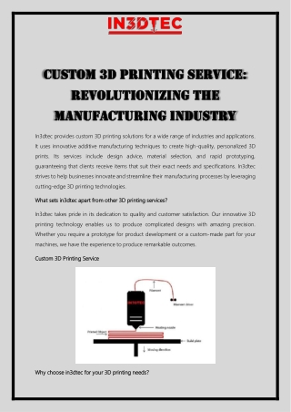 Custom 3D Printing Service Revolutionizing the Manufacturing Industry
