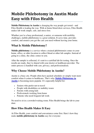 Mobile Phlebotomy in Austin Made Easy with Filos Health