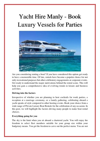 Yacht Hire Manly - Book Luxury Vessels for Parties