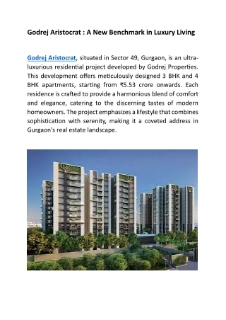 Godrej Aristocrat-49  -  The Jewel of modern living in Gurgaon.
