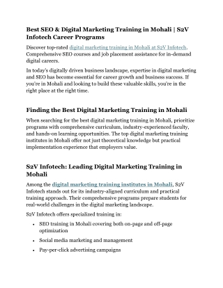 Best SEO digital marketing training in Mohali at S2V Infotech