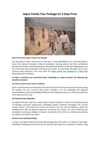 Jaipur Family Tour Package for 5 Days Price