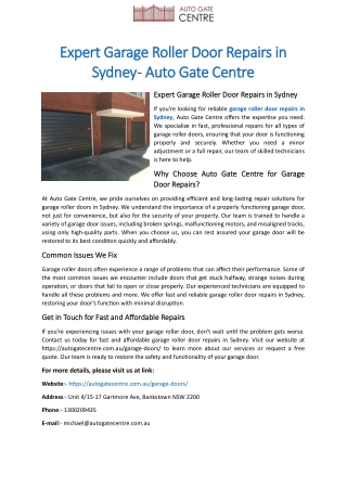 Expert Garage Roller Door Repairs in Sydney - Auto Gate Centre