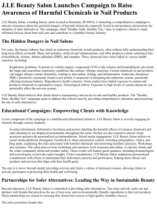 J.LE Beauty Salon Launches Campaign to Raise Awareness of Harmful Chemicals in N