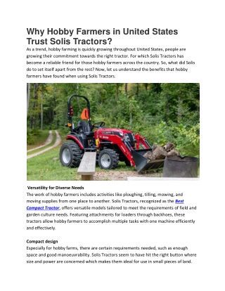 Why Hobby Farmers in United States Trust Solis Tractor 15 April