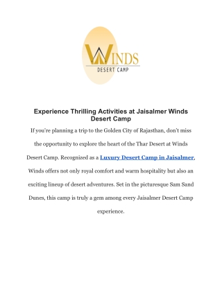 Top Activities at Winds Desert Camp — Luxury Desert Camp in Jaisalmer