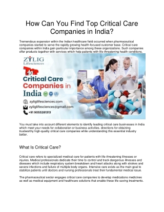 Zylig Lifesciences – Leading Critical Care Company in India