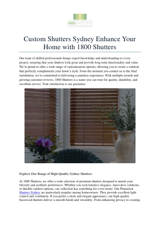 Custom Shutters Sydney Enhance Your Home with 1800 Shutters