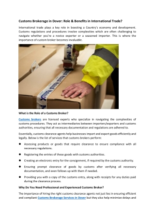 Customs Brokerage in Dover Role & Benefits in International Trade