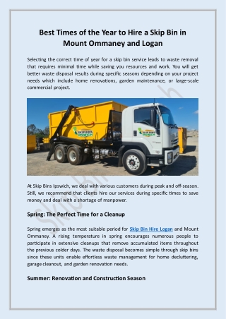 Best Times of the Year to Hire a Skip Bin in Mount Ommaney and Logan
