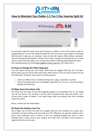 Rathan Air Conditioners - How to Maintain Your Daikin 1.5 Ton 5 Star Inverter Split AC