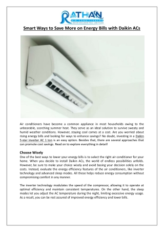 Rathan Air Conditioners- Smart Ways to Save More on Energy Bills with Daikin ACs