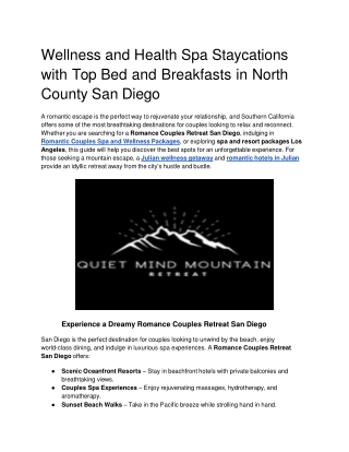 Wellness and Health Spa Staycations with Top Bed and Breakfasts in North County San Diego